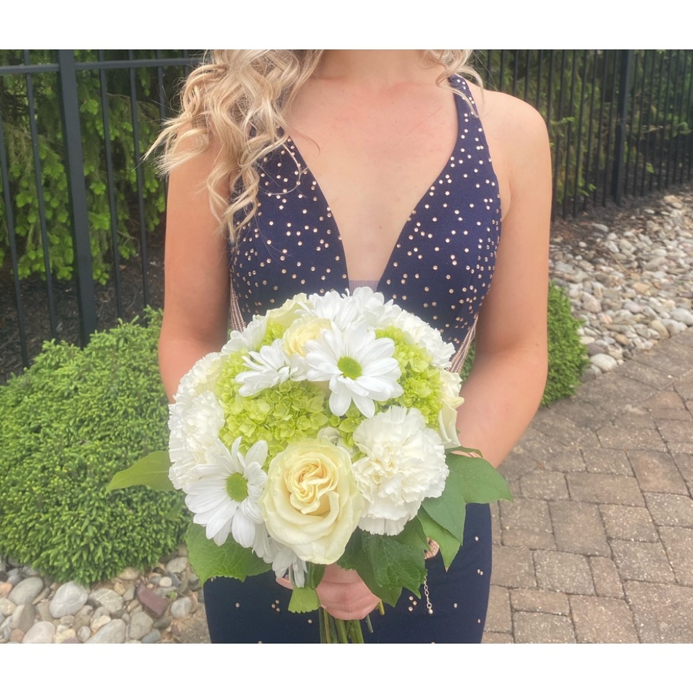 Renaissance navy blue prom gown with rose gold jewels WORN ONE EVENING